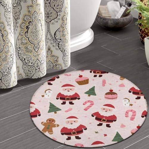 Soft Round Yoga Carpet, Large Home Decor Mat, Non Slip Machine Washable Kitchen Office Circle Rug Pink Santa Claus Christmas