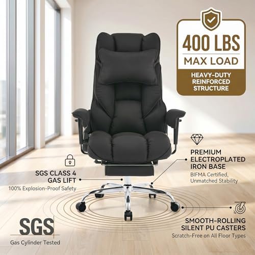 mokodo Big and Tall Office Chair 400lbs, Breathable Fabric Executive Desk Chair with Pocket Spring Cushion, 155° Reclining Computer Chair with Integrated Headrest & Lumbar Pillow (Black)