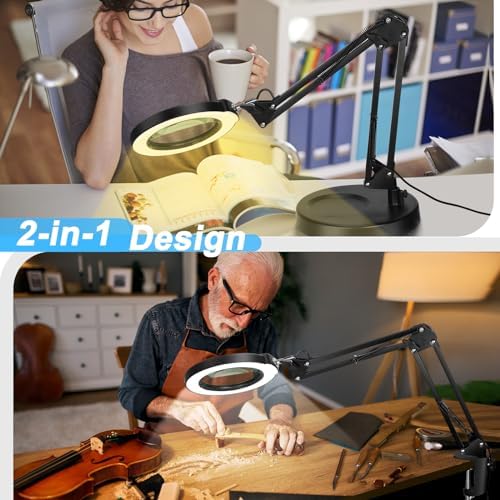 Coyeth 12X Magnifying Glass with Light and Stand, 5 Color Modes Stepless Dimmable 2-in-1 Lighted Magnifier with Clamp, LED Desk Lamp Hands Free for Crafts Hobby Reading Painting Sewing Close Work