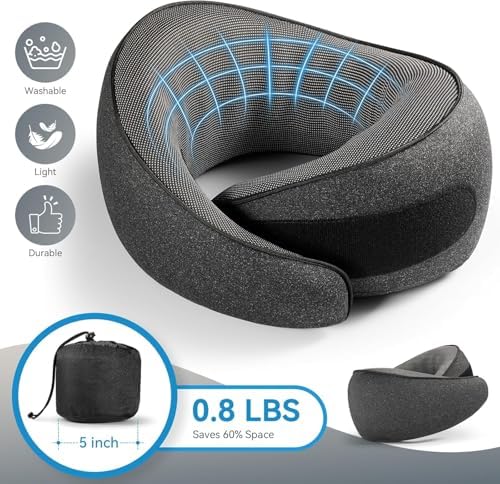 SZXYX Travel Pillows - 100% Pure Memory Foam Neck Pillow for Airplanes, Comfortable Breathable Cover, 360° Support Stowable Pillows for Sleeping, Car, Airport Travel Essentials, Pigeon Grey