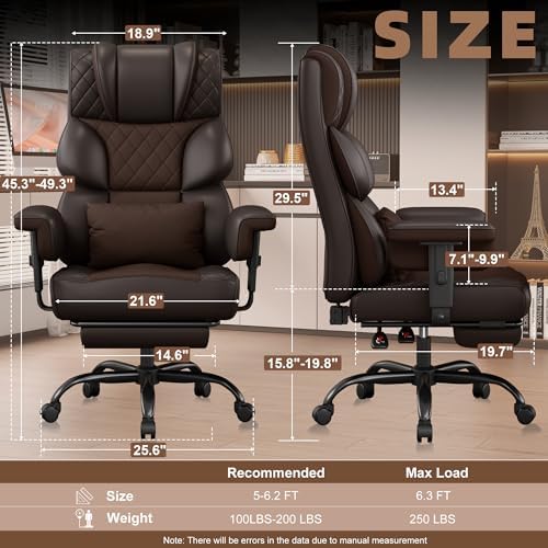 Vonesse Office Chair, Desk Chair with Soft Adjustable Armrests, Executive Computer Chairs with Lumbar Support, High Back Gaming Chair with Footrest (PU Leather, Brown)