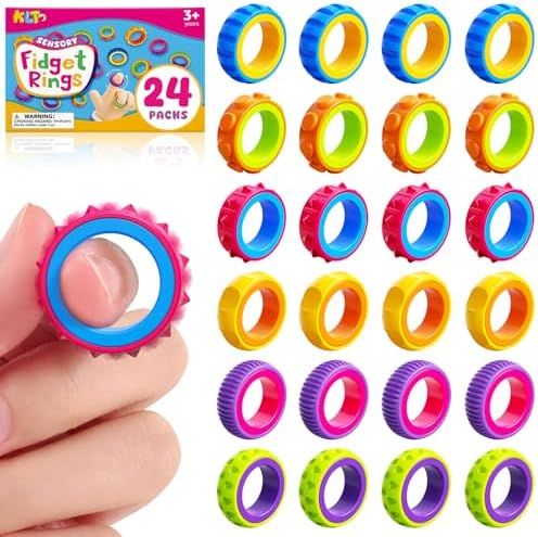 Fidget Toys Kids Sensory Rings: 24 Pack Texture Finger Spinner- Quiet Fidgets for Classroom Prizes - Sensory Toys for Autism Stress Relief - Bulk Party Favors Goodie Bag Stuffers for Kids