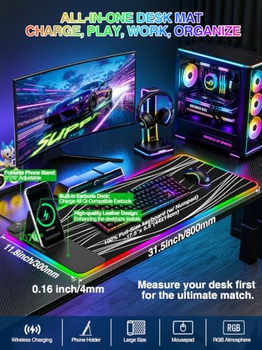 RGB Mouse Pad with Foldable Phone Stand Wireless Charger, 31.5"x11.8" XL Gaming Mousepad Large Desk Mat, Desk Pad with 11 Colors 5 Modes, Waterproof
