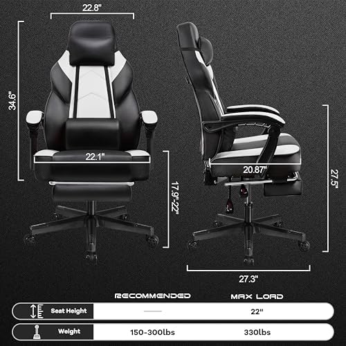 Gaming Chair for Adults, Video Game Chair with Footrest, Big and Tall Gaming Chair Heavy Duty Computer Chair with Massage Lumbar, Ergonomic Adjustable Height and 360° Swivel Seat, PU Leather, White