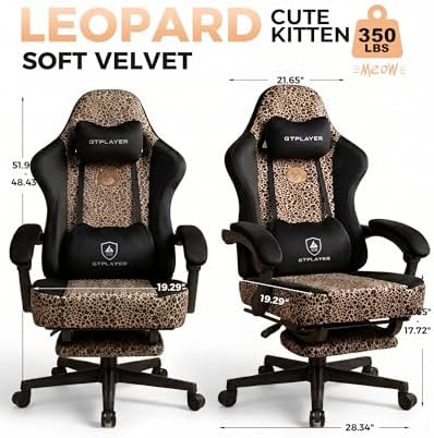 GTPLAYER Gaming Chair with Leopard Print Cat, Cute Velvet Fabric Ergonomic Office Chair with Footrest Headrest and Lumbar Support, Big and Tall Comfortable Video Gamer Chair for Women Gift