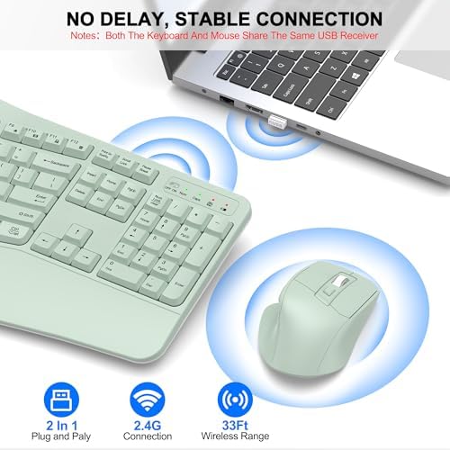 Wireless Keyboard and Mouse Combo, 2.4G Ergonomic Wave Key(Avocado Green)