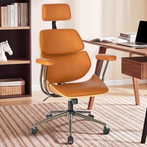 Mid-Century High Back Leather Office Chair with Headrest, Brown