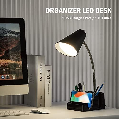 LED Desk Lamp with 1 USB Charging Port and 1 AC Outlet, Organizer Base, Adjustable Neck, On/Off Switch, Modern Table Lamp for Reading, Working, Studying, Gentle Warm White Light, Eye Protect(Black)