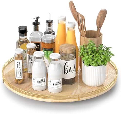 AMH 18-Inch Rustic Lazy Susan with Solid Oak Base and Gold Iron Rail