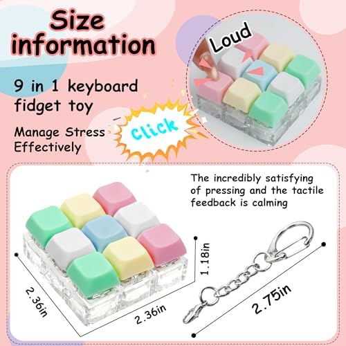 Keyboard Fidget Toy, Keyboard Fidget Keychain 9-in-1 Keyboard Decompression Button Finger Clicker Toys Stress Relief Fidget Gifts (5 Colors- Green Yellow Pink White Blue)