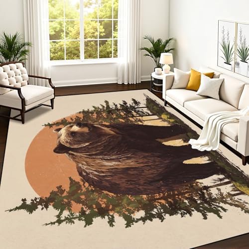 Serene Bear Standing Tall Pine Forest Warm Earth Tones Area Rug Outdoor Patio Rug Play Mat Modern Floor Carpet Non-Slip Home Decor Living Room Kids Bedroom Nursery, 9x12 ft