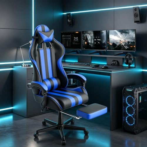 Ferghana Navy Gaming Chair, Ergonomic Racing Style Computer Chair with Footrest, Adjustable Reclining, Lumbar and Head Support, PU Leather Gamer Chair