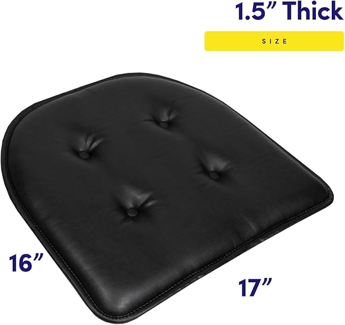 Sweet Home Collection Chair Cushion Memory Foam Pads Tufted Slip Non Skid Rubber Back U-Shaped 17" x 16" Seat Cover, 2 Count (Pack of 1), Faux Leather Black