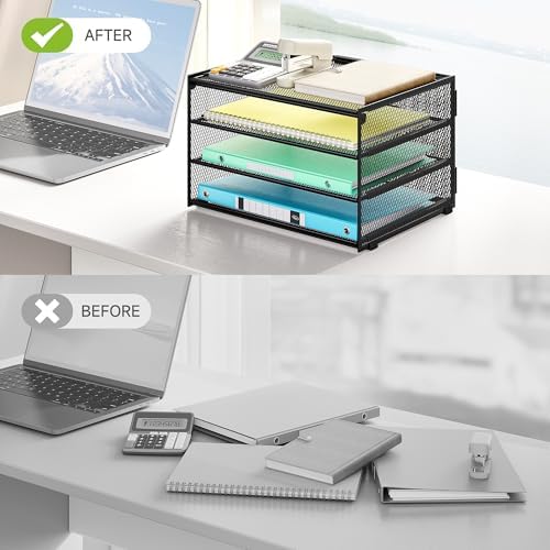Lavatino 3-Tier Letter Tray Desk Paper Organizer – Black Mesh Metal File Tray Organizer for Desk, Office Supplies & Home Organization | Fits A4/Letter Paper, Mail, Magazines and Office Accessories