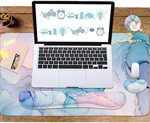 Large Mouse Pad Desk Dad, 4-in-1 Keyboard Wrist Rest Pad & Wrist Support Mouse pad Set, Extended Desk Pad Waterproof Desk Mat for Home Office Study Game-Blue Marble