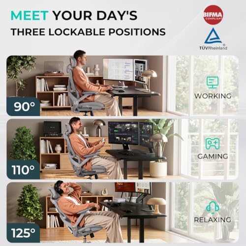 CAPOT Ergonomic Office Chair 400lbs Mesh Seat, High Back Adjustable Lumbar, 90/110/125°Backrest Lock, Flip-up Armrests, 3D Headrest, Computer Desk Gaming Chair with PU Wheels - Gray