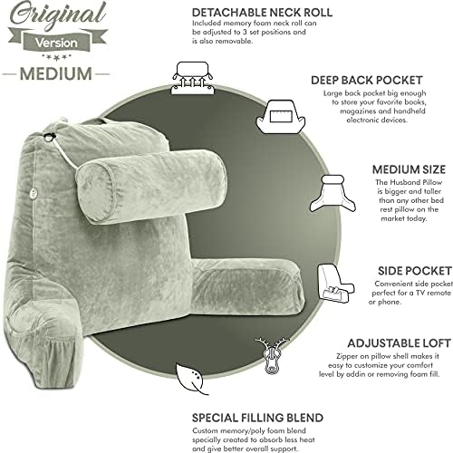 Husband Pillow Medium Reading Pillow with Arms - 23" Backrest for Sitting Up in Bed - Firm Support Bed Rest Pillow for Adults, Neck Roll, Removable Cover - TV, Reading, Lounging - Desert Sage