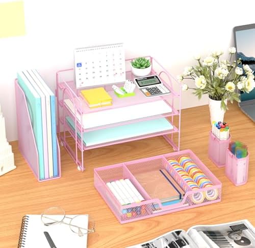 Marbrasse 4-Tier Paper Tray Organizer with Drawer and Pen Holder, Pink
