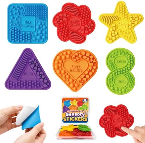 6 Pack Textured Silicone Sensory Stickers,Calming Quiet Fidget Toy with Guided Breathing Shapes,Anxiety Relief Adhesive Desk Strips for Autism & ADHD,Soft-Touch Stress Relief for Classroom,Home,Office
