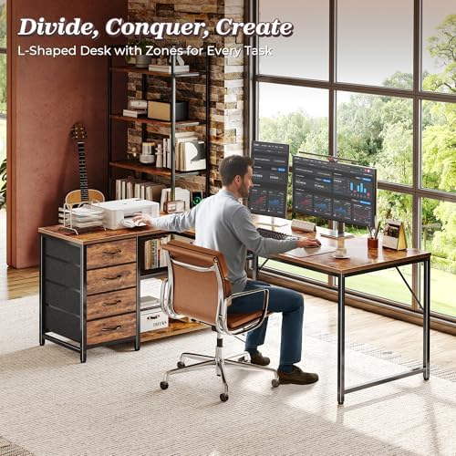 PRAISUN 61" L Shaped Desk with Power Outlets & 4 Drawers