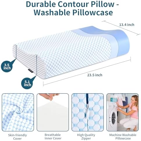 Memory Foam Pillows Neck Pillow for Pain Relief, Ergonomic Cervical Pillow Neck Shoulder Support Bed Pillow for Side Back Stomach Sleeper, Orthopedic Contour Pillow for Sleeping(Blue&White)