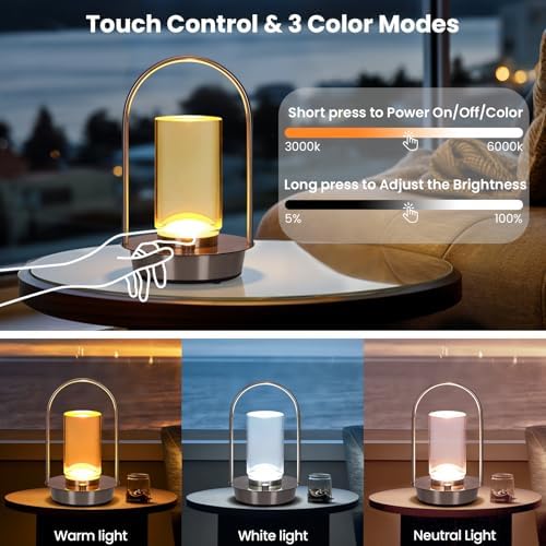 Portable Crystal Lantern Table Lamp Outdoor Indoor,4000mAh Cordless Small LED Desk Lamp Rechargeable,3-Color Dimmable Waterproof Shower Lamp for Shower Patio Bar Camping(Silver)