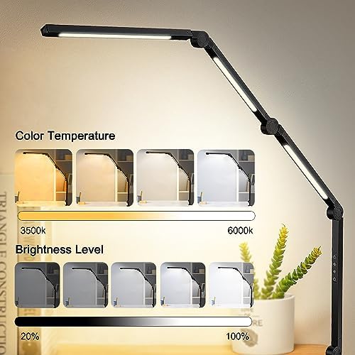 LED Desk Lamp with Clamp & Flexible Arm - 3 Light Sources, 4 Color Modes & 5 Brightness Levels, Eye-Caring Table Light with Memory Function