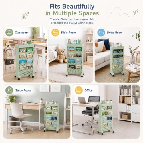 5-Tier Rolling Bookshelf Cart with Wheels, Green