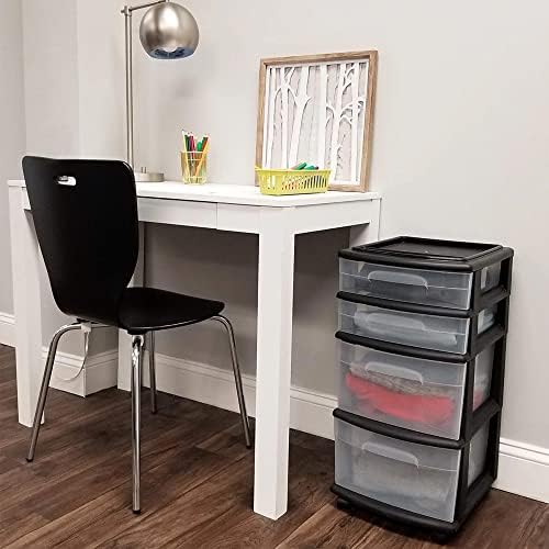 HOMZ Drawer Tower, 4-Tier Storage Cart with Removable Wheels, Black Frame
