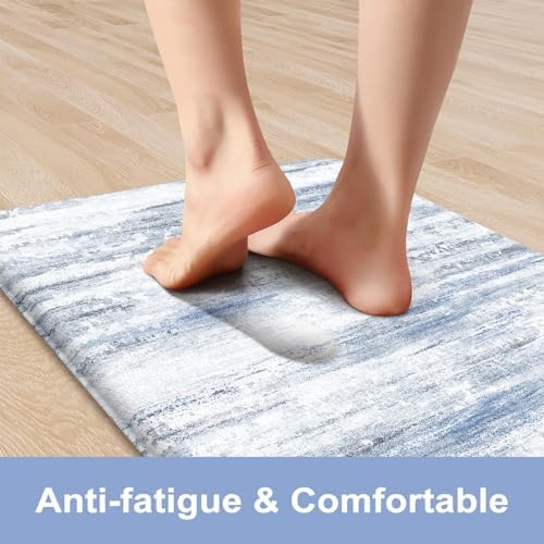 KIMODE Kitchen Mats for Floor,Abstract Kitchen Rugs Sets of 2 Blue Carpets