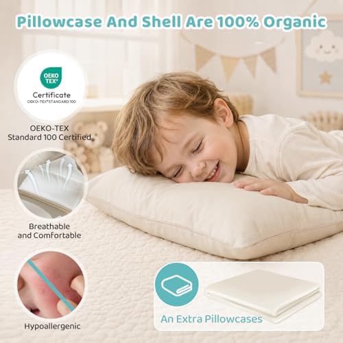 Adjustable Kids Pillow for Ages 4-12 with Organic Cotton Pillowcase