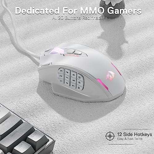 Redragon M908 Impact RGB LED MMO Gaming Mouse with 12 Side Buttons, Optical Wired Ergonomic Mouse with Max 12,400DPI, High Precision, 18 Programmable Macro Shortcuts, Comfort Grip, White