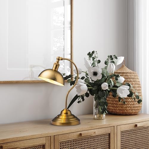 O'Bright Bankers - Cordless LED Table Lamp, Battery-Operated, Rechargeable, 3-Level Dimming, Universal USB-C Charging, 180° Swivel Head, Luxury Metal Shade, Antique Brass