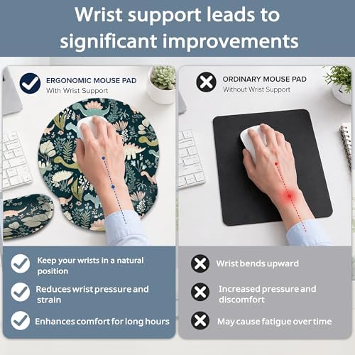 Cute Dinosaur Ergonomic Keyboard and Mouse Wrist Rest Set, Flower Mouse Pad with Non Slip Base, Soft Cloth Surface for Office and Home Typing Support