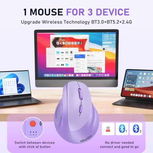 MEETION Ergonomic Wireless Vertical Mouse, Rechargeable, Purple