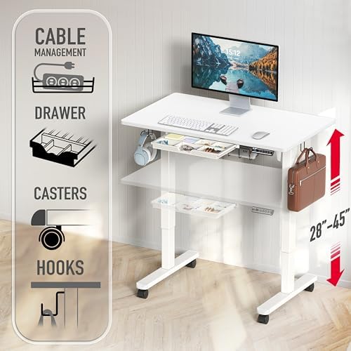 SHW Mobile Electric Height Adjustable Standing Desk w/Drawer, White
