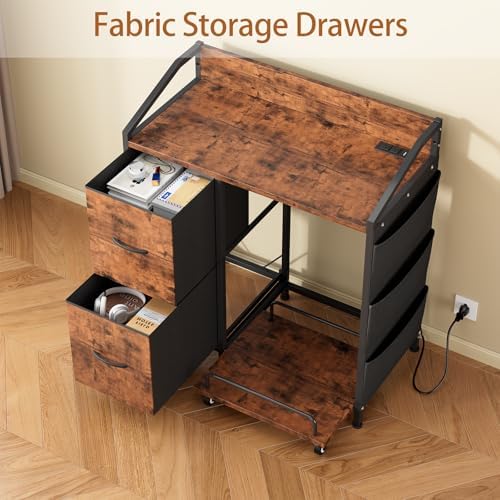 Printer Stand with Fabric Drawers, Lateral Office Filing Cabinets with Power outlets & USB Charging Port, File Cabinet with Large Printer Stands for Home Office, Shredder Stand (Rustic Brown)