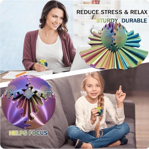 Gear Ball 3D Printed Spin Ball Cube Fidget Toys, Gear Sphere Fidget Toy, GearSphere Desk Toy Stress Fidget Balls, Fidgets Spinners for Adults & Kids Anxiety Relaxing (Laser Purple Blue, 2.3 Inch)