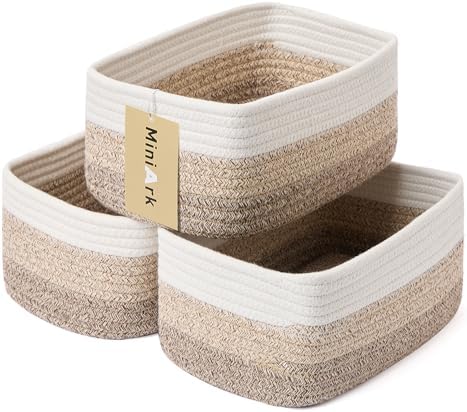 MiniArk Small Storage Baskets for Organizing | Closet Organizer Bins | Shelf Toy Basket | Woven Rope Baskets | Cube Decorative Box | Shallow Basket |11.5x7.5x4.7”| 3 Packs Gradient Brown
