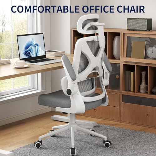 Ergonomic Office Chair - Desk Chair with Adjustable Headrest Lumbar Support Computer Chair - Mesh Comfy Chair with Flip-up Armrests - Gaming Chairs for Adults Home Office (White+Gray)