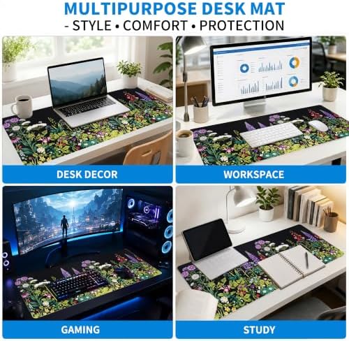 Extended Wildflower Meadow Desk Mat, XXL Large Gaming Mouse Pad, Florals Weeds Stitched Edges Waterproof with Non-Slip Rubber Base for Computer Keyboard Laptop Work Home Office 35.4"x15.7"