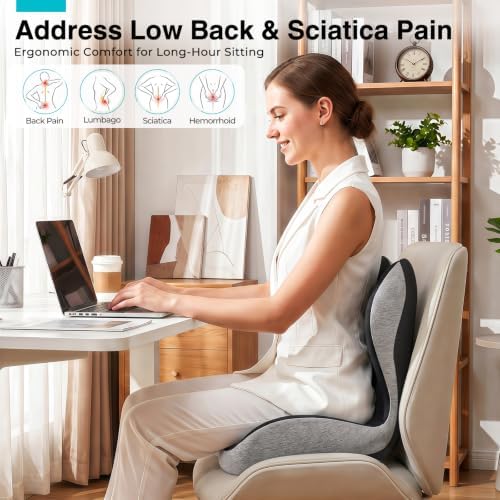 Seat Cushion for Office Chair, L-Shaped Memory Foam Truck Driver Seat Cushion, Ergonomic Sciatica & Tailbone Pain Relief Cushion with Non-Slip Breathable Cover, Back Support for Car