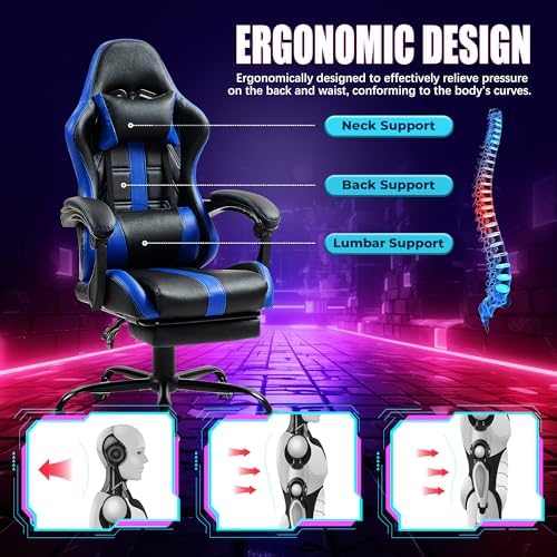 Massage Gaming Chair with Footrest & Lumbar Support, Blue