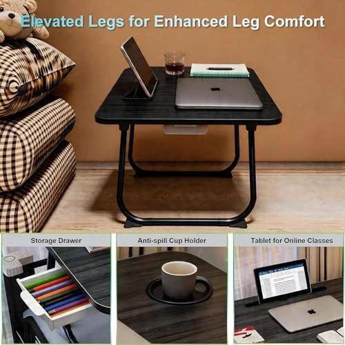 27.6" Home Office Folding Lap Desk with Drawer, Tablet Slot, Cup Holder - Fits up to 18 Inch Laptops, Bed Desk for Reading, Writing, Eating, Portable Laptop Table for Sofa, Coach, Floor (Black)