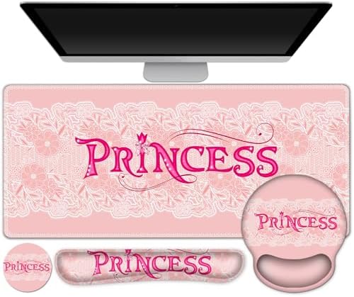 DINKY Pink Mouse Pad with Wrist Rest, Desk Pad for Keyboard and Mouse, Ergonomic Mousepad Set, Keyboard Wrist Rest with Coaster, Desk Mat Combo for Office Home, Pink Princess