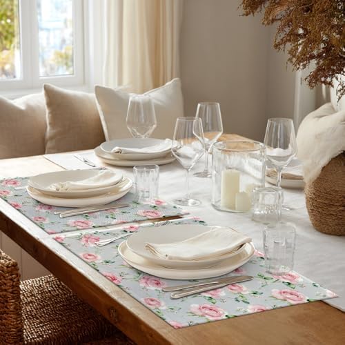Shrahala Beautiful Flower Set of 6 12 X 18 Inch Linen Placemats, Beauty Blossom Bouquet Elegant Pastel Burlap Table Mat Washable Double Layered Heat Insulation for Indoor/Outdoor