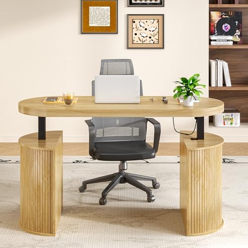 Mid Century Modern Electric Standing Desk with Storage, 55 x 22 Inch Small Sit Stand Up Desk, Wood Adjustable Height Computer Executive Desk for Home Office, Laptop, Oak