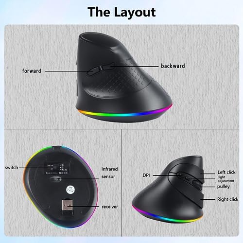 Wireless Mouse, Vertical Ergonomic Mouse 2.4G Bluetooth Dual Mode 3 DPI Rechargeable Connect Multiple Devices Vertical Mouse 6 Buttons and RGB Lights Suitable for PC Laptop Computer(Black)