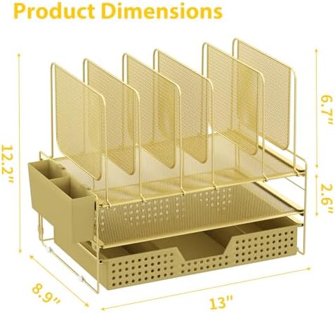 LEKETREE Gold Desk Organizer, Office Organization with Vertical File Holder, File Organizer with Drawer and Pen Holder, Desk Accessories and Workspace Organizers for Home Office (Gold)