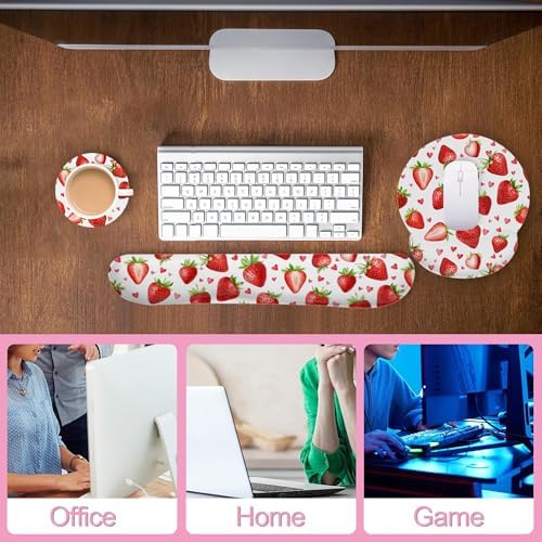 Cute Strawberry Heart Keyboard Wrist Rest Pad Mouse Pad Set,Ergonomic Mousepad Wrist Support Memory Foam Desk Pad for Gaming Office,Non-Slip Rubber Base Easy Typing for Home Office Computers